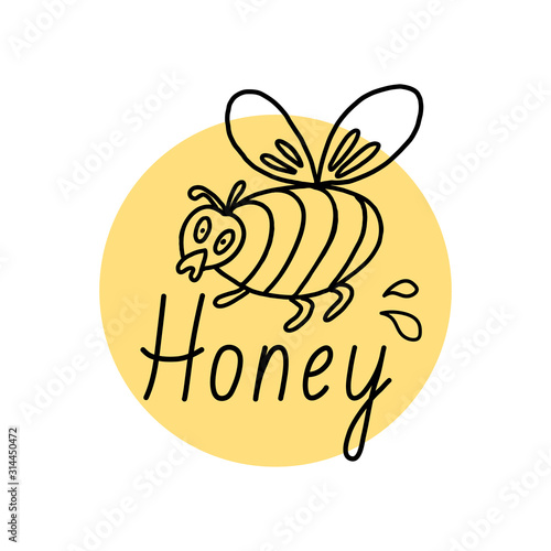 Honey logo. Template with a cute bee in doodle style on a yellow circle. Vector hand drawn illustration and lettering.