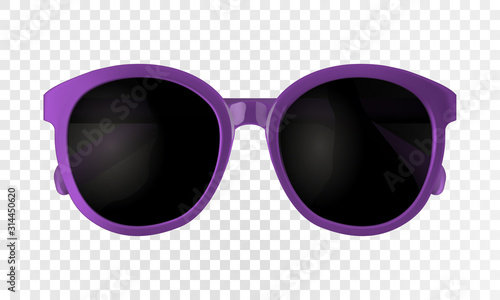 Purple sun glasses isolated on transparent backdrop. Realistic sunglasses vector illustration with fashion summer accessory