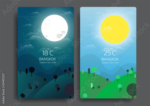day and night landscape illustration with sun,moon,hills,star,clouds,weather app,user interface design