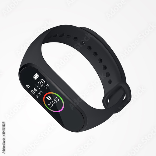 Realistic black fitness bracelet, with infographics measuring balls, 04:20 time. In 3D perspective