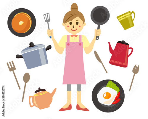 フライパン　女性　エプロン　料理　フライ返し　ポット