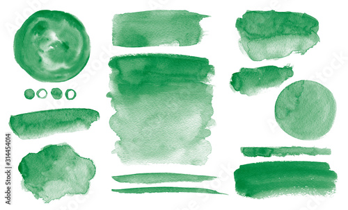Emerald green watercolor stains Set of brush strokes Invitation design