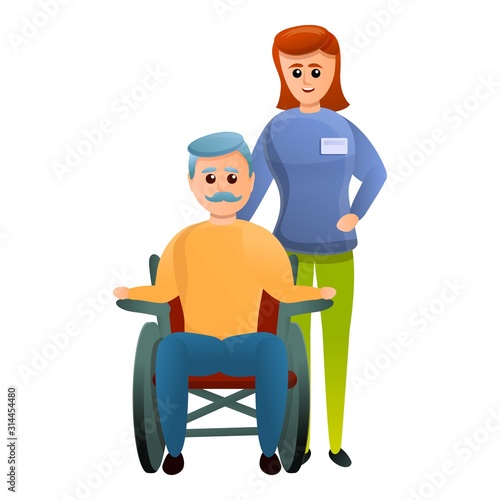 Social worker and disabled icon. Cartoon of social worker and disabled vector icon for web design isolated on white background