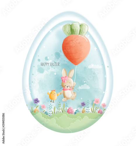 Easter card with cute bunny and Easter egg in paper cut style. Vector illustration