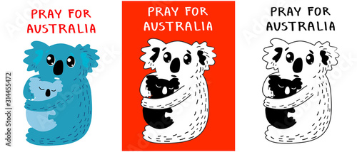 Koala with cub fears from  burning forest in Australia. Fires in Australia. Pray for Australia. Pray for Sydney. Vector illustration