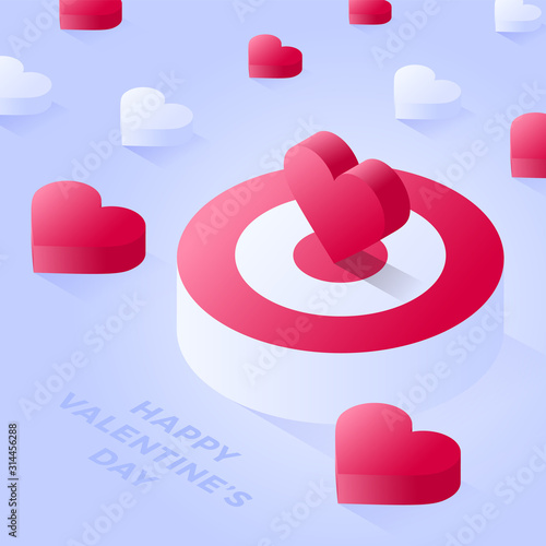 Happy Valentine Day Isometric heart standing on bigger target. Red target or podium vector icon. Isometric red podium vector icons for web design on light background.