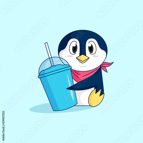 A CUTE BLUE PENGUIN HOLDING A SLUSHY ICE ILLUSTRATION.