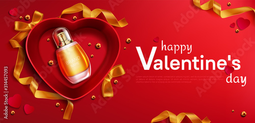 Heart shaped open gift box with perfume bottle, red present package with fragrance, golden satin ribbon and pearls, realistic vector top view isolated on scarlet background, valentines day sale banner