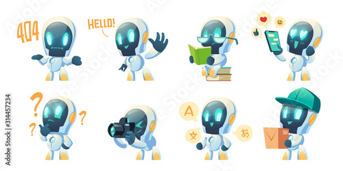 Cute chat bot cartoon vector set illustration. White funny smart conversation robot, assistant make hand gesture waving hello, 404 error message and thinking with question mark, translator