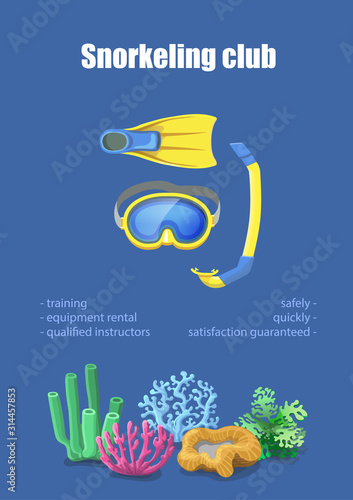 Diving Mask, Snorkel, Flippers on snorkeling poster banner advertising