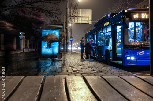 Photography Moscow, Russia - December, 23, 2019: image of a bus traveling in Moscow at night
