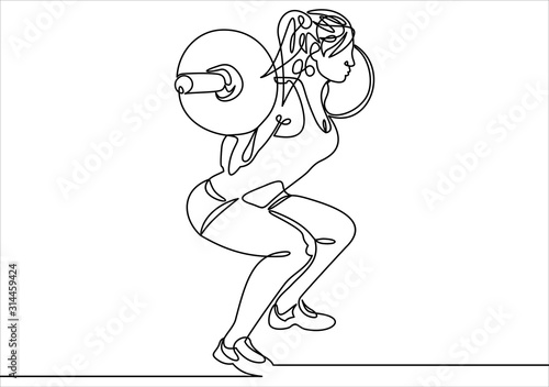 Woman lifting weights continuous one line drawing.  Squats with barbell linear design element