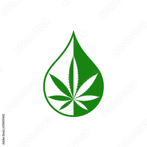 Cannabis oil graphic icon. Sign CBD oil drop with cannabis leaf  isolated on white background. Medical symbol. Vector illustration