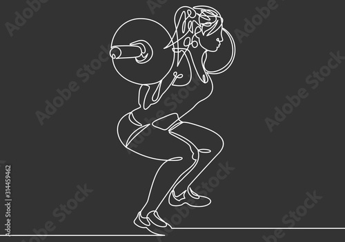 Woman lifting weights continuous one line drawing.  Squats with barbell linear design element