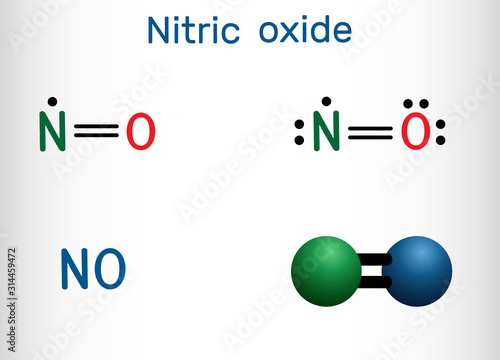 Nitric oxide, nitrogen monoxide, NO molecule. Structural chemical formula and molecule model
