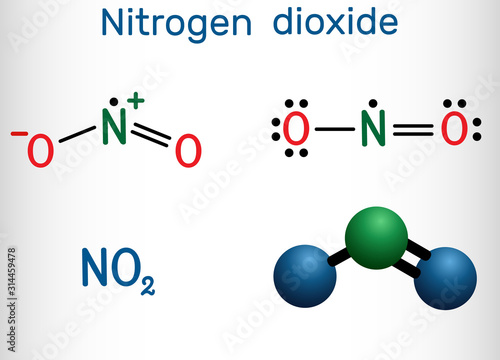 Nitrogen dioxide, NO2 molecule. Structural chemical formula and molecule model.