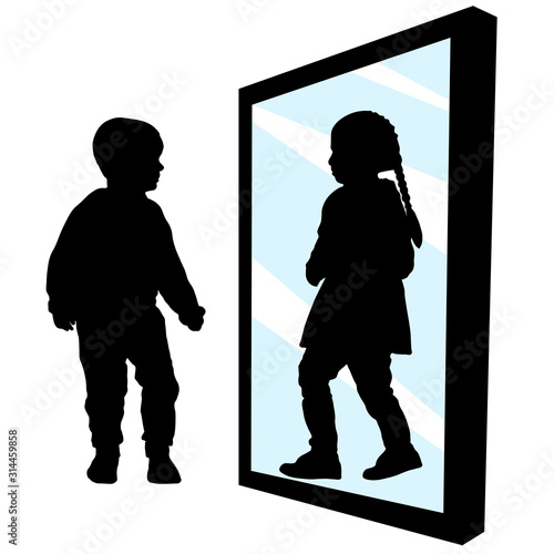 Boy sees a girl in the reflection of the mirror. Transvestism. Not in your body. Transgender transition. Gender change. Silhouette vector illustration