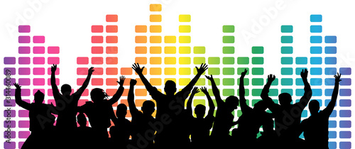 Crowd of fun people. Cheerful youth. Party, festival, disco, dancing. Equalizer music, background. Vector illustration