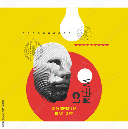 Thinking man looking up with light idea lighbulb above head..Success, leadership, achievement, idea and goal concept. Artificial intelligence. Technology and engineering vector illustration.