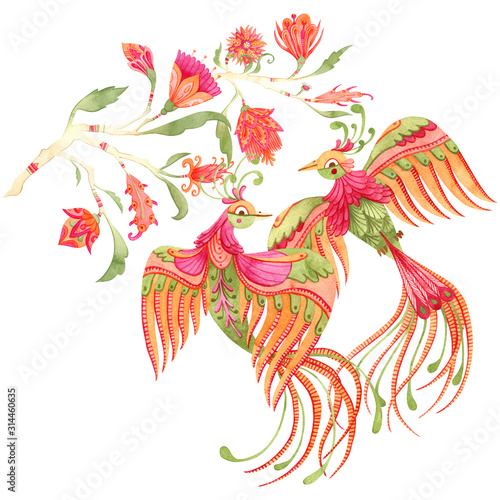 Beautiful composition of watercolor paradise flowers and two birds. Fairytale folk hand painted illustration. Isolated on white.