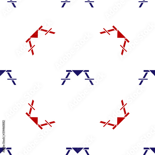 Blue and red Picnic table with benches on either side of the table icon isolated seamless pattern on white background.  Vector Illustration