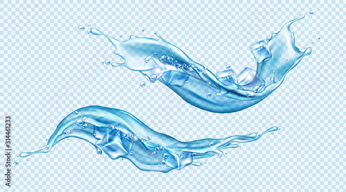 Water splashes with ice cubes set. Dynamic motion of pure liquid with droplets and air bubbles, pure hydration elements for ad isolated on transparent background. Realistic 3d vector illustration