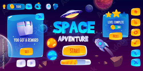 Graphic user interface for space adventure game. Vector screen of app gui design with glossy menu buttons and icons, panel with level and assets, start banner and background with rocket and planets