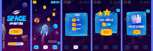 Graphic user interface for space adventure game. Vector set of gui app screens with glossy menu buttons and icons, panel with pause and reward, start banner and futuristic background with rocket