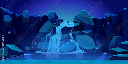 Waterfall at night cartoon illustration. River stream flowing through rocks to mountain lake. Vector landscape of cascade falling water, stones, starry sky and moonlight