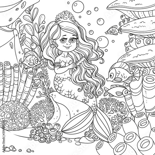 Beautiful little mermaid girl sits on a rock and combs her hair with a comb outlined isolated on a white background