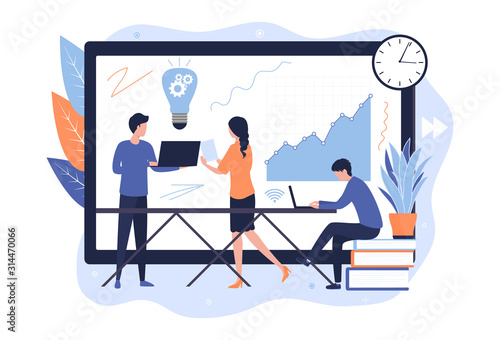 Concept of effective managers. A team of analysts studies sales data, discusses schedules and plans to promote products and services, local SEO. Vector flat illustration on a white background.