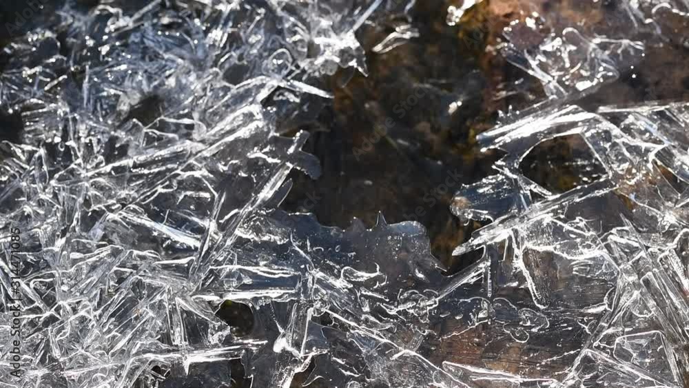 Defrosting ice and water running in a small river, winter, frost Defrosting ice and water running in a small river, winter, frost
