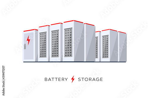 Vector illustration of large rechargeable lithium-ion battery energy storage stationary for renewable electric power station generation. Backup power energy storage cloud system on white background.