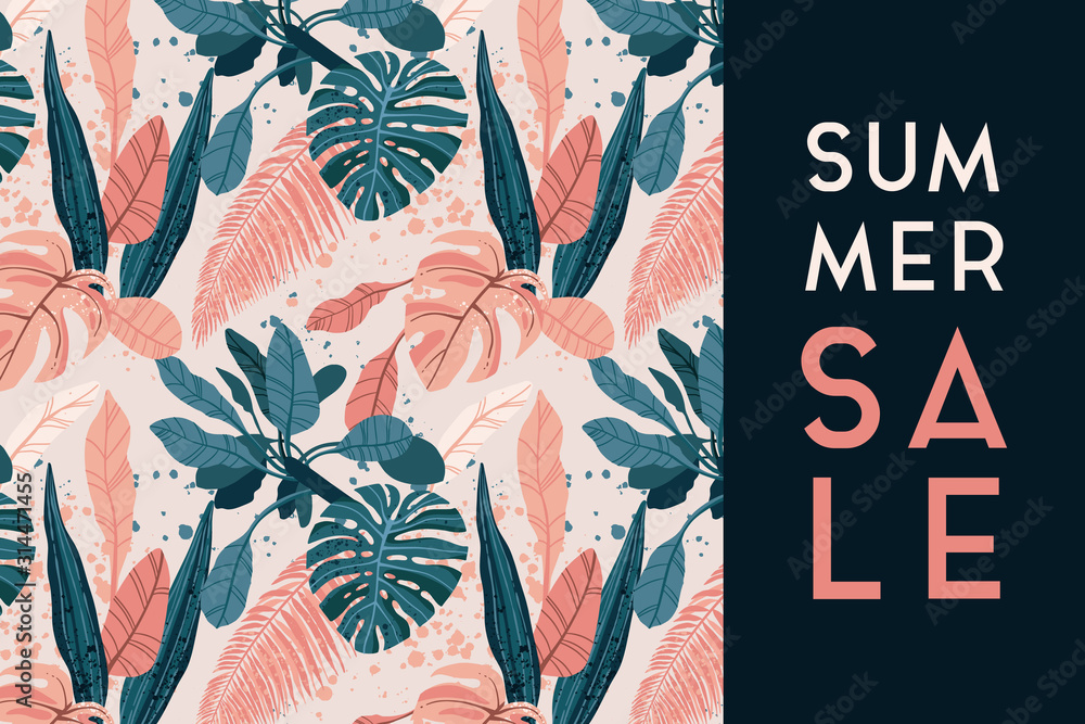Summer tropical background with exotic palm leaves and plants. Sale promotional design. Vector floral background. - obrazy, fototapety, plakaty 