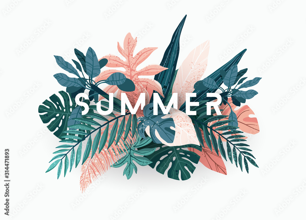 Fototapeta Summer tropical vector design for banner or flyer with exotic palm leaves, monstera and 3d typography.