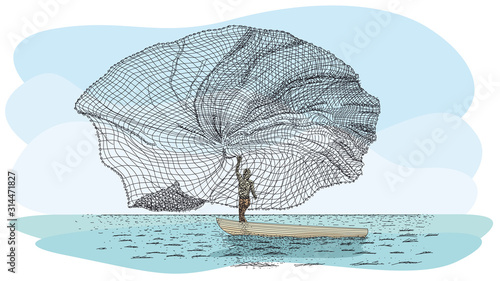 Artisanal fishing technique in river called Atarraya - Fishing net in Spanish language: Silhouette of man on a small canoe throwing the fishing net to the river