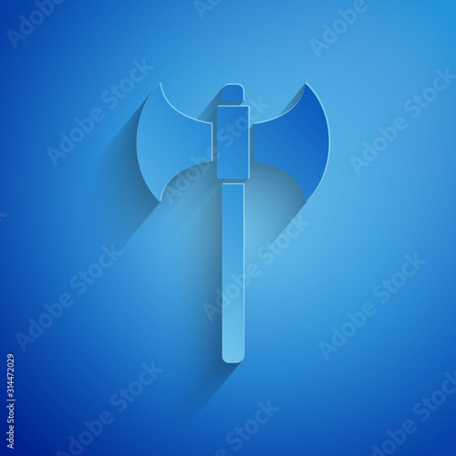 Paper cut Medieval axe icon isolated on blue background. Battle axe, executioner axe. Paper art style. Vector Illustration
