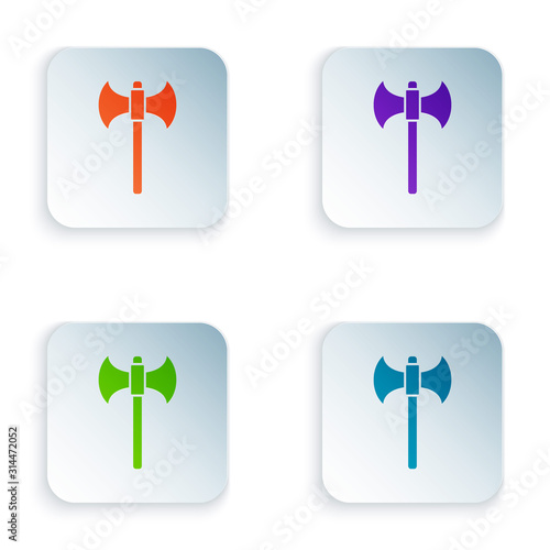 Color Medieval axe icon isolated on white background. Battle axe, executioner axe. Set icons in square buttons. Vector Illustration