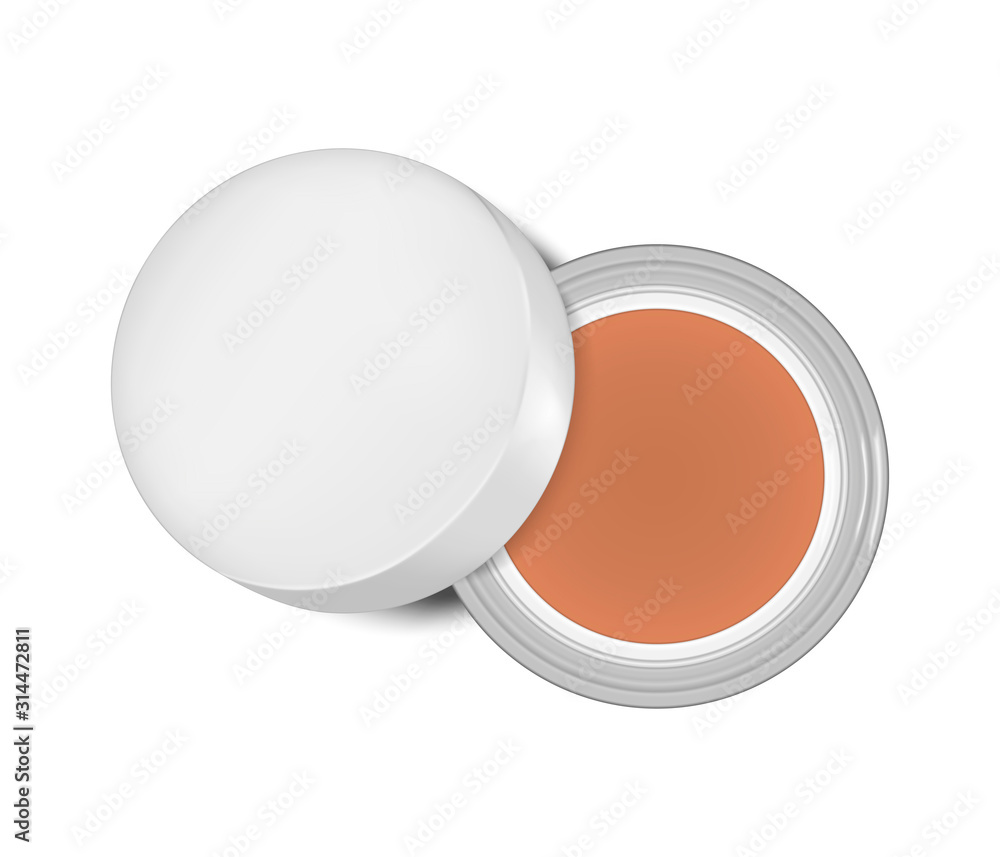 Open jar of cream makeup foundation, blush, eyeshadow or other makeup product top view isolated on white background, realistic vector illustration