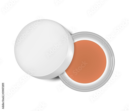Open jar of cream makeup foundation, blush, eyeshadow or other makeup product top view isolated on white background, realistic vector illustration