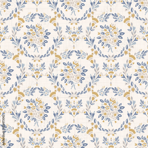 French shabby chic damask vector texture background. Dainty flower bouquet on off white seamless pattern. Hand drawn floral interior home decor wallpaper. Classic cottage farmouse style all over print