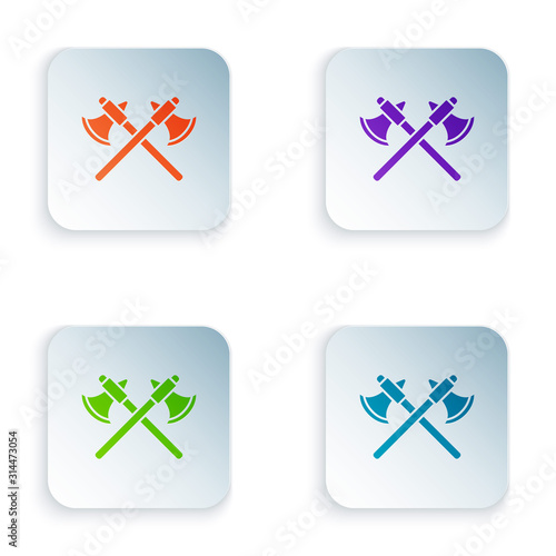 Color Crossed medieval axes icon isolated on white background. Battle axe, executioner axe. Set icons in square buttons. Vector Illustration