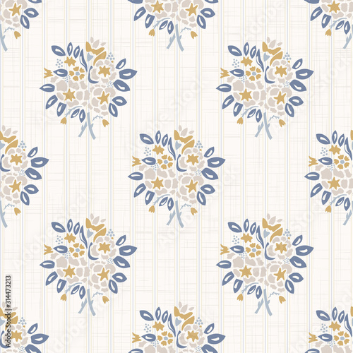 French shabby chic damask vector texture background. Dainty flower bouquet on off white seamless pattern. Hand drawn floral interior home decor wallpaper. Classic cottage farmouse style all over print