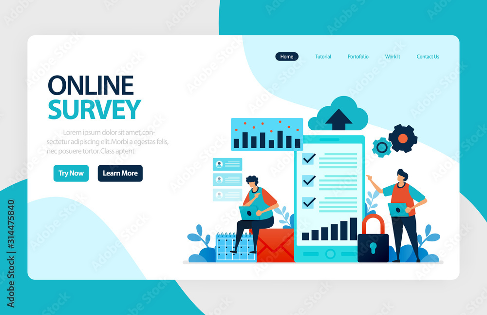 Landing page online survey. Satisfaction feedback, review form service, Exams Choices Flat character for learning and survey consultants. for banner, illustration, web, website, mobile apps, flyer
