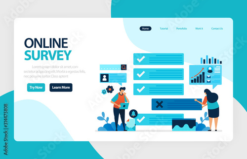 Landing page online survey. Exams Choices Flat character for learning and survey consultants. research feedback opinion, choice checklist. for banner, illustration, web, website, mobile apps, flyer