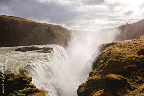 Landscape with big majestic Gullfoss waterfall in mountains in Iceland