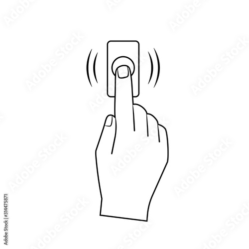 Hand pressing doorbell button outline icon. Clipart image isolated on white background