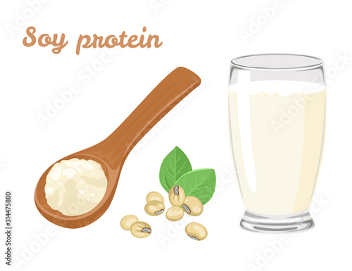 health, soy protein, powder, soy, protein, energy, drink, glass, isolated, white, background, vector, illustration, soy milk, soybean, cartoon, flat, beverage, milk, heap, grain, wooden, spoon, health
