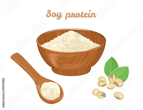 Soy protein in wooden bowl, spoon with powder and soybeans isolated on white background. Vector illustration of a healthy food in cartoon flat style.