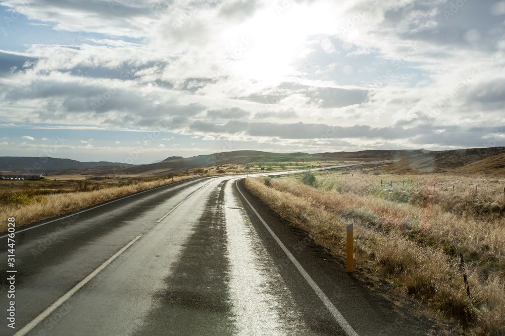 Scenic landscape view of Icelanding road and beatuiful areal view of the nature